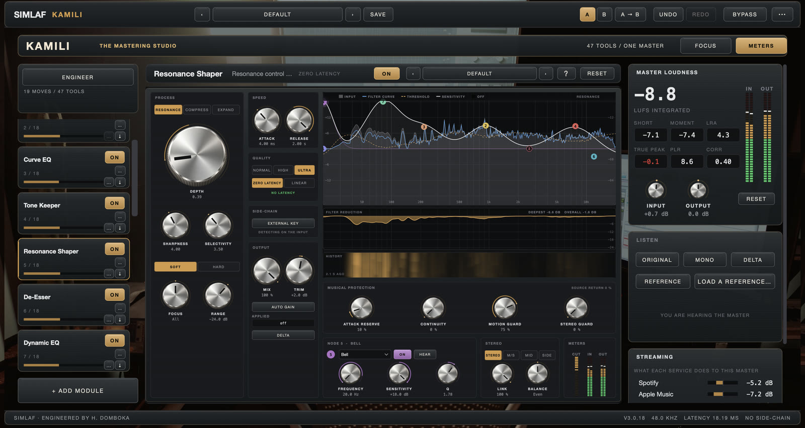 KAMILI 3.0.8 with its module chain, the Tone Keeper page and the loudness meters
