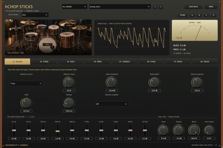 hCHOP STICKS editor with the drum kit, strike field and ten-band EQ