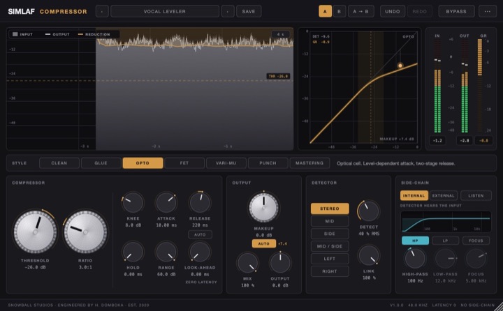 SIMLAF Compressor editor showing gain reduction over a vocal