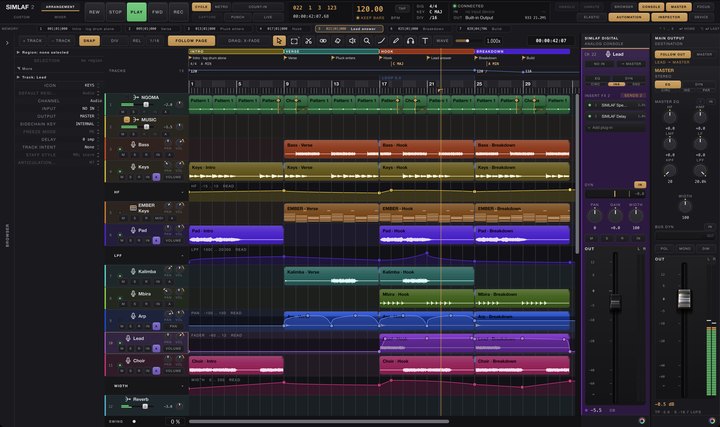 SIMLAF 2 in a 25-track session: arrangement with sections, markers, tempo and key changes, automation lanes, the inspector and the console