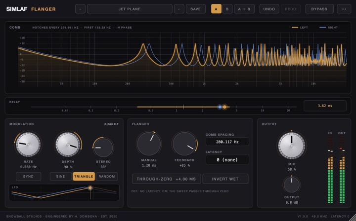 SIMLAF Flanger editor showing the comb response