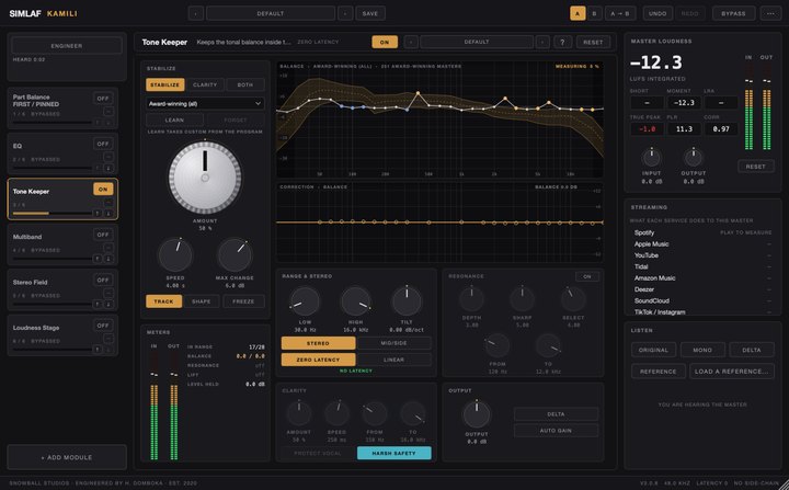 KAMILI 3.0.8 with its module chain, the Tone Keeper page and the loudness meters