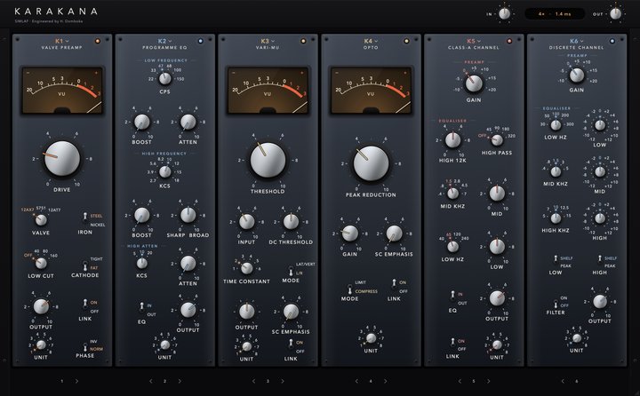 KARAKANA rack with six units loaded: valve preamp, programme EQ, vari-mu, opto, class-A channel and discrete channel