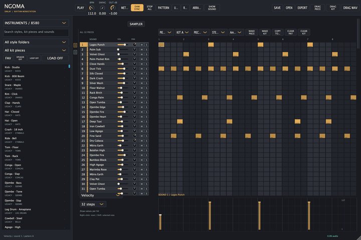 NGOMA 2.0.1 workstation with the 8,580-sound library and an Amapiano pattern in the step sequencer