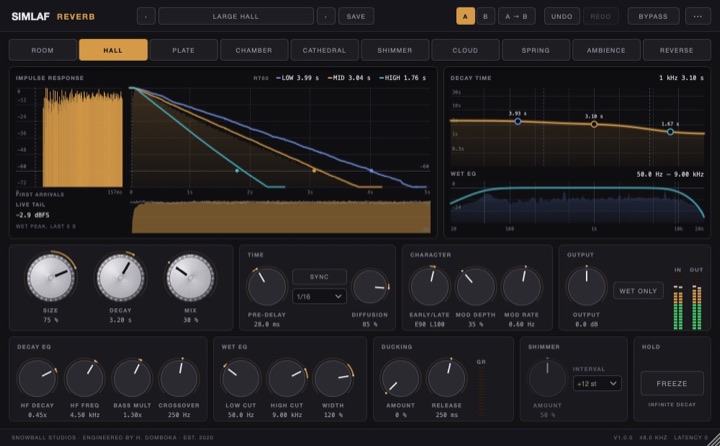 SIMLAF Reverb editor showing the impulse response and decay time