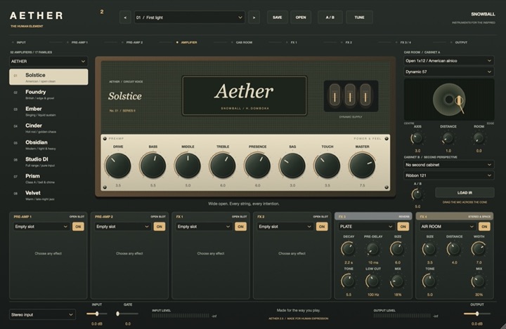 TUFANI editor, shown under its earlier working name AETHER, with the amp panel and effect slots