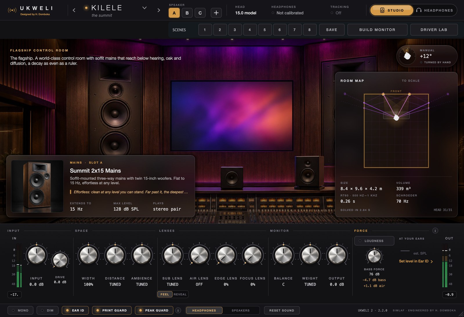 UKWELI 2.2 in the KILELE control room: the room map, the Summit 2x15 Mains speaker card, and the Space, lens and monitor knobs at their defaults